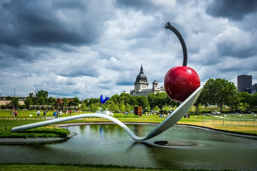 View of Minneapolis from the Walker Art Center's Cherry on a Spoon sculpture.