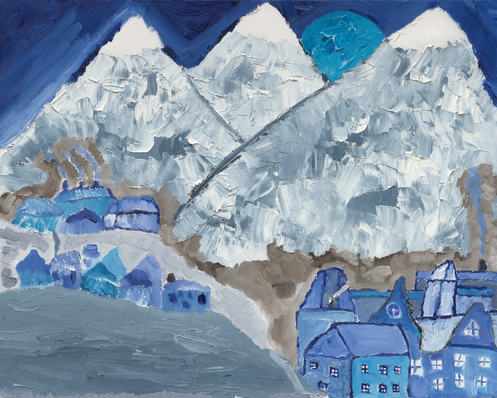 A painting of homes nestled at the feet of several snow-capped mountain peaks with a moon rising behind them. 