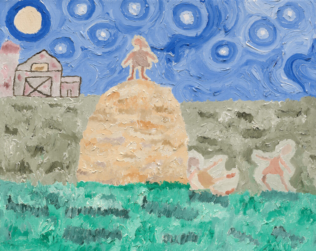 Painting of farm children playing on a mound of hay with stars swirling in the nighttime sky